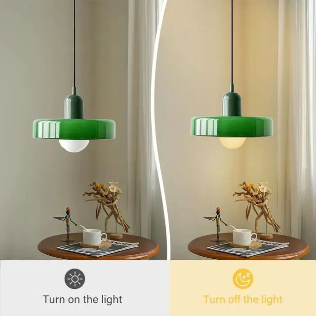 Alt view image 3 of 7 - Green Plug in Pendant Light Glass Hanging Lamp Plug in Cord Vintage Modern Style Kitchen Island Pendant Lights with 14.7ft Cord On/Off Switch Mid Century Pendant lamp for Living Room