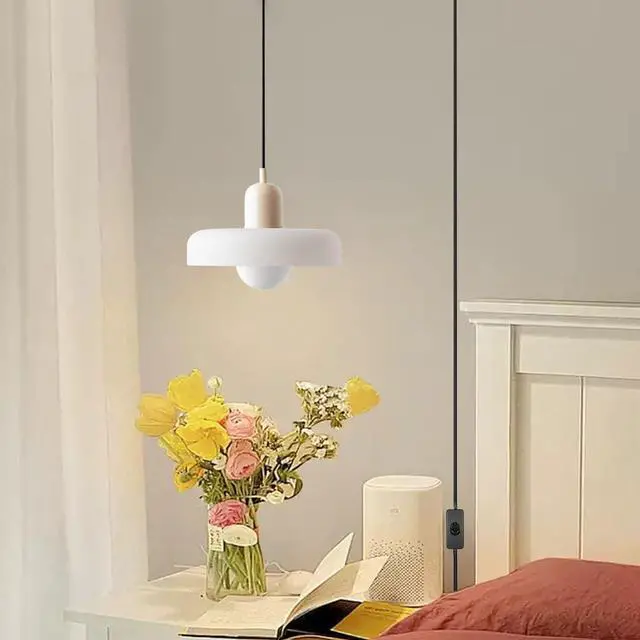 Alt view image 7 of 7 - Vintage Glass Pendant Light Kitchen Island Plug in Pendant Lamp with Milk White Glass Shade,Plug-in Cord Modern Ceiling Hanging Light Dining Living Room Hallway Schoolhouse