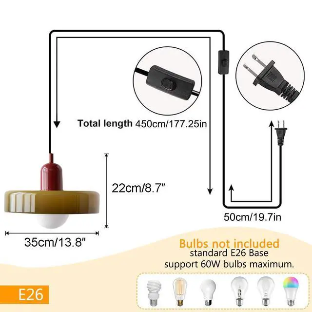 Alt view image 2 of 7 - Green Glass Plug in Hanging Lamp Living Room Mid Century Pendant Light Plug in Cord Modern Kitchen Island Plug Pendant Lights with 14.7ft Cord On/Off Switch Plug in Pendant lamp