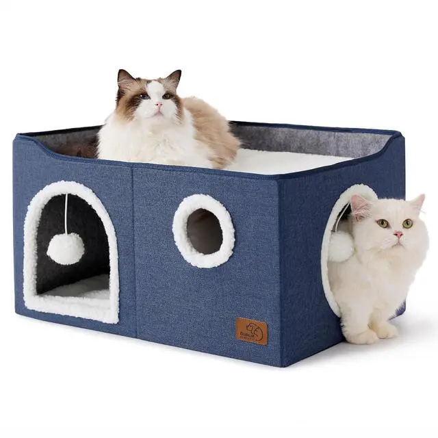 Main image of Extra Wide Cat House Bed with Fluffy Ball and Scratch Pad,Blue | 23.6x16.9x13 in,Indoor Cat Cave for Multiple Pets, Foldable Cat Hideway Cube for Sleeping Large Cat and Kitten