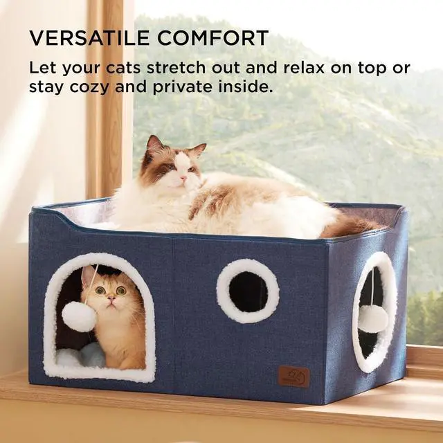 Alt view image 3 of 7 - Extra Wide Cat House Bed with Fluffy Ball and Scratch Pad,Blue | 23.6x16.9x13 in,Indoor Cat Cave for Multiple Pets, Foldable Cat Hideway Cube for Sleeping Large Cat and Kitten