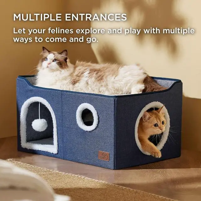 Alt view image 2 of 7 - Extra Wide Cat House Bed with Fluffy Ball and Scratch Pad,Blue | 23.6x16.9x13 in,Indoor Cat Cave for Multiple Pets, Foldable Cat Hideway Cube for Sleeping Large Cat and Kitten