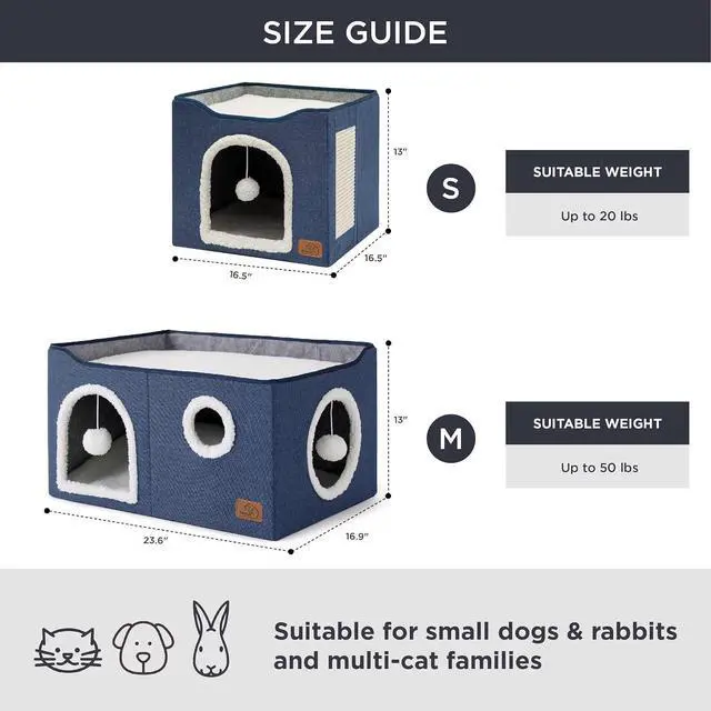 Alt view image 6 of 7 - Extra Wide Cat House Bed with Fluffy Ball and Scratch Pad,Blue | 23.6x16.9x13 in,Indoor Cat Cave for Multiple Pets, Foldable Cat Hideway Cube for Sleeping Large Cat and Kitten