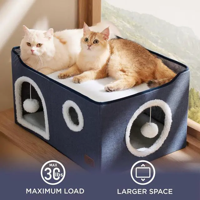 Alt view image 4 of 7 - Extra Wide Cat House Bed with Fluffy Ball and Scratch Pad,Blue | 23.6x16.9x13 in,Indoor Cat Cave for Multiple Pets, Foldable Cat Hideway Cube for Sleeping Large Cat and Kitten