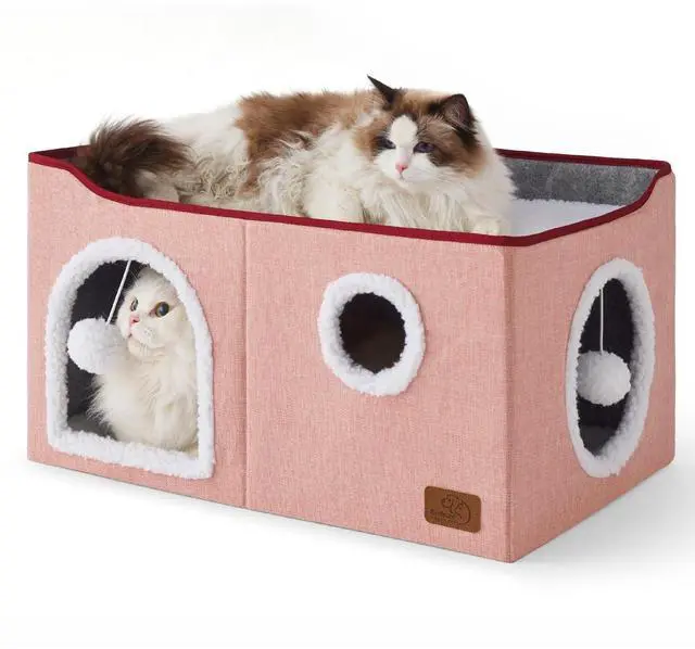 Main image of Extra Wide Cat House Bed with Fluffy Ball and Scratch Pad,Pink | 23.6x16.9x13 in,Indoor Cat Cave for Multiple Pets, Foldable Cat Hideway Cube for Sleeping Large Cat and Kitten