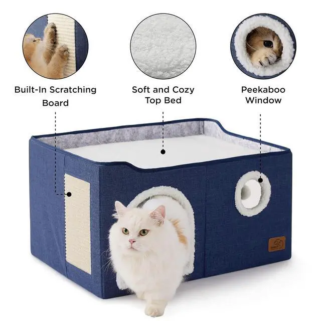 Alt view image 5 of 7 - Extra Wide Cat House Bed with Fluffy Ball and Scratch Pad,Blue | 23.6x16.9x13 in,Indoor Cat Cave for Multiple Pets, Foldable Cat Hideway Cube for Sleeping Large Cat and Kitten