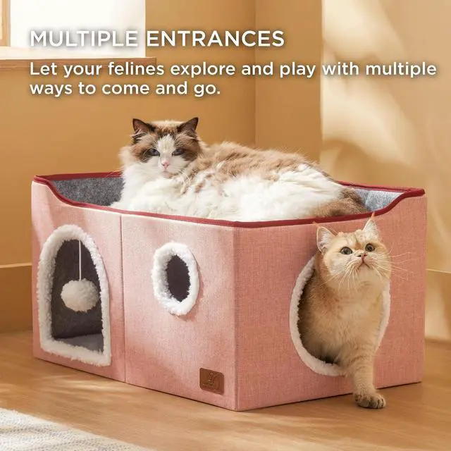 Alt view image 2 of 7 - Extra Wide Cat House Bed with Fluffy Ball and Scratch Pad,Pink | 23.6x16.9x13 in,Indoor Cat Cave for Multiple Pets, Foldable Cat Hideway Cube for Sleeping Large Cat and Kitten