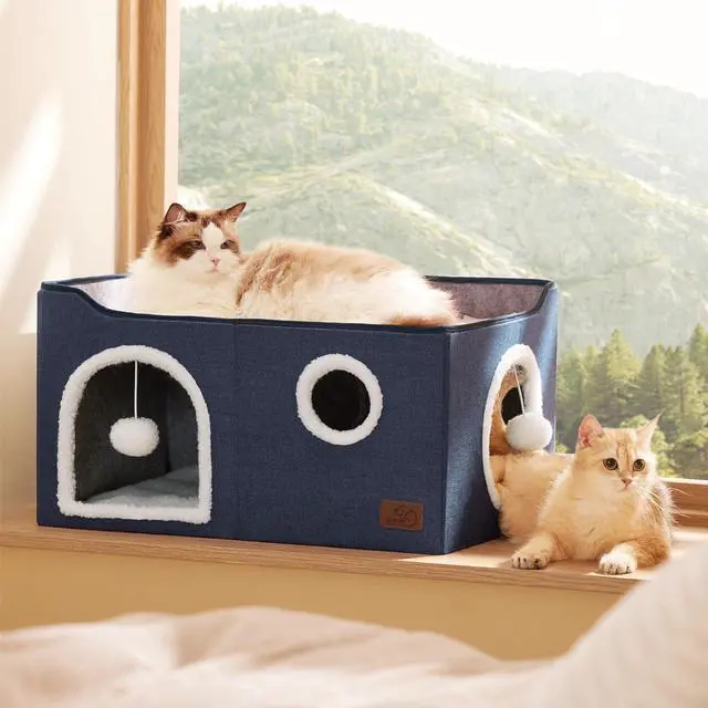 Alt view image 7 of 7 - Extra Wide Cat House Bed with Fluffy Ball and Scratch Pad,Blue | 23.6x16.9x13 in,Indoor Cat Cave for Multiple Pets, Foldable Cat Hideway Cube for Sleeping Large Cat and Kitten