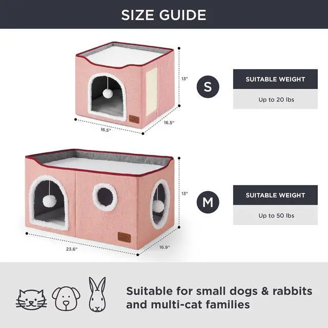 Alt view image 6 of 7 - Extra Wide Cat House Bed with Fluffy Ball and Scratch Pad,Pink | 23.6x16.9x13 in,Indoor Cat Cave for Multiple Pets, Foldable Cat Hideway Cube for Sleeping Large Cat and Kitten