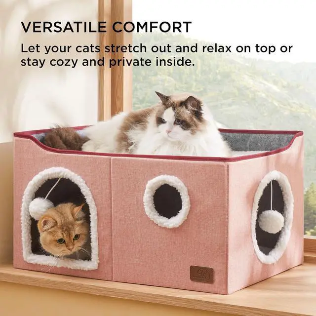 Alt view image 3 of 7 - Extra Wide Cat House Bed with Fluffy Ball and Scratch Pad,Pink | 23.6x16.9x13 in,Indoor Cat Cave for Multiple Pets, Foldable Cat Hideway Cube for Sleeping Large Cat and Kitten