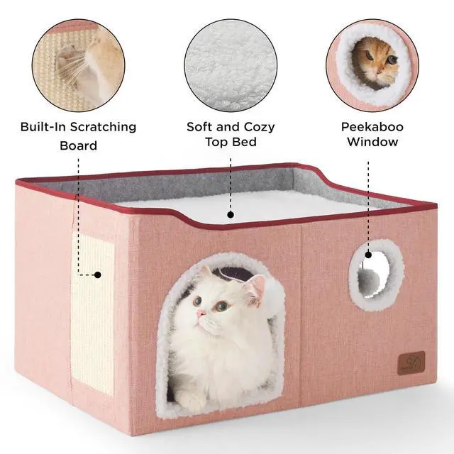 Alt view image 5 of 7 - Extra Wide Cat House Bed with Fluffy Ball and Scratch Pad,Pink | 23.6x16.9x13 in,Indoor Cat Cave for Multiple Pets, Foldable Cat Hideway Cube for Sleeping Large Cat and Kitten