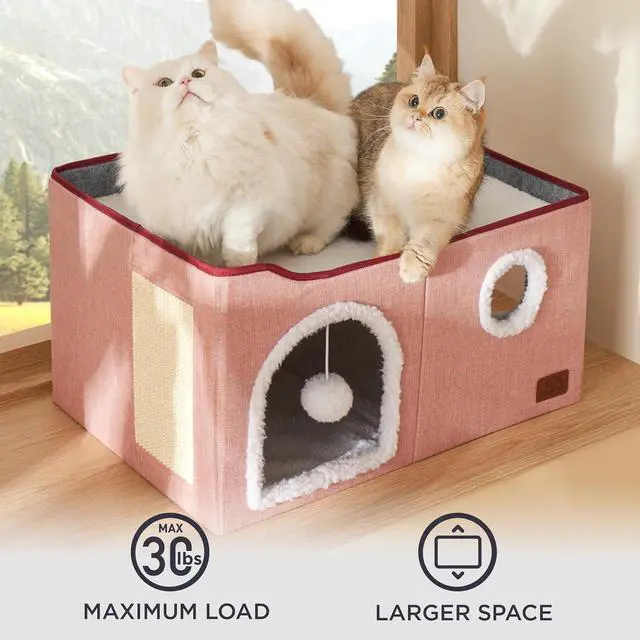 Alt view image 4 of 7 - Extra Wide Cat House Bed with Fluffy Ball and Scratch Pad,Pink | 23.6x16.9x13 in,Indoor Cat Cave for Multiple Pets, Foldable Cat Hideway Cube for Sleeping Large Cat and Kitten