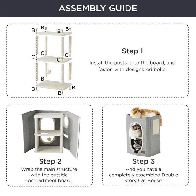 Alt view image 4 of 7 - 2 Story Cat House for Indoor Cats with Scratch Pad,18x14x23 Grey | Cat Bed Condo for Multiple Pets, With Fluffy Ball, Foldable Hideaway Pet Cave Cube for Sleeping Kitten