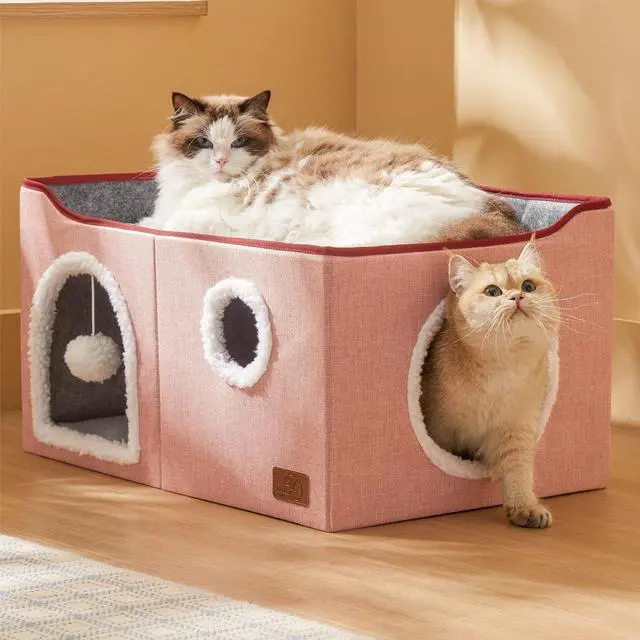 Alt view image 7 of 7 - Extra Wide Cat House Bed with Fluffy Ball and Scratch Pad,Pink | 23.6x16.9x13 in,Indoor Cat Cave for Multiple Pets, Foldable Cat Hideway Cube for Sleeping Large Cat and Kitten