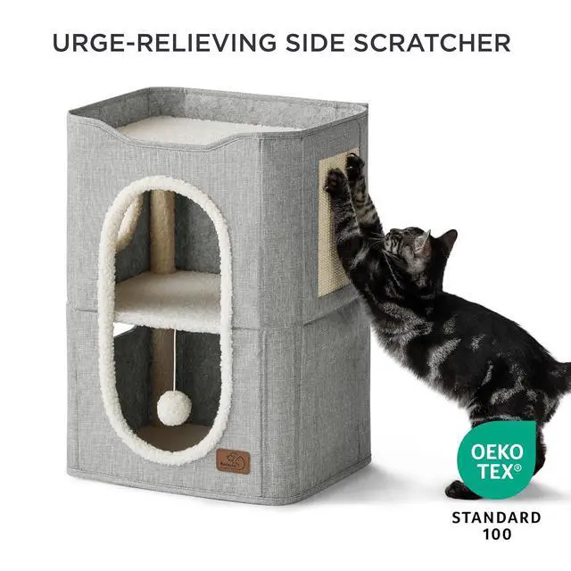 Alt view image 2 of 7 - 2 Story Cat House for Indoor Cats with Scratch Pad,18x14x23 Grey | Cat Bed Condo for Multiple Pets, With Fluffy Ball, Foldable Hideaway Pet Cave Cube for Sleeping Kitten