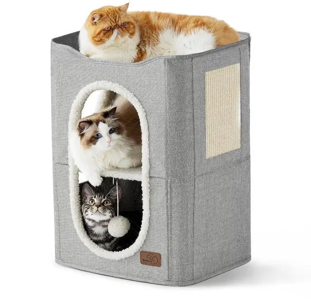 Main image of 2 Story Cat House for Indoor Cats with Scratch Pad,18x14x23 Grey | Cat Bed Condo for Multiple Pets, With Fluffy Ball, Foldable Hideaway Pet Cave Cube for Sleeping Kitten