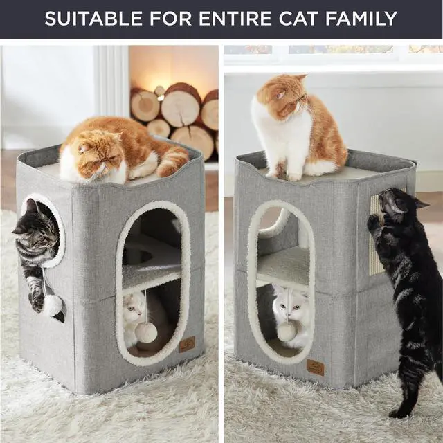 Alt view image 5 of 7 - 2 Story Cat House for Indoor Cats with Scratch Pad,18x14x23 Grey | Cat Bed Condo for Multiple Pets, With Fluffy Ball, Foldable Hideaway Pet Cave Cube for Sleeping Kitten