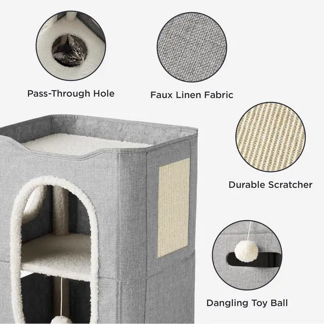 Alt view image 3 of 7 - 2 Story Cat House for Indoor Cats with Scratch Pad,18x14x23 Grey | Cat Bed Condo for Multiple Pets, With Fluffy Ball, Foldable Hideaway Pet Cave Cube for Sleeping Kitten