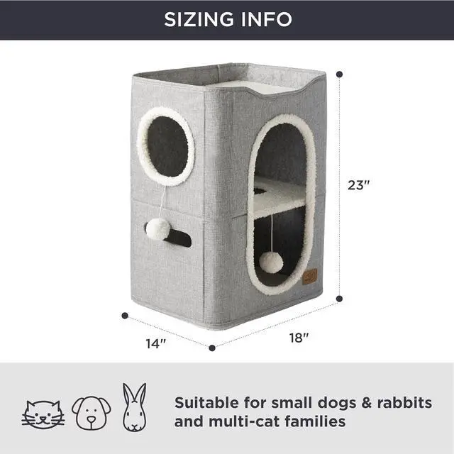 Alt view image 6 of 7 - 2 Story Cat House for Indoor Cats with Scratch Pad,18x14x23 Grey | Cat Bed Condo for Multiple Pets, With Fluffy Ball, Foldable Hideaway Pet Cave Cube for Sleeping Kitten