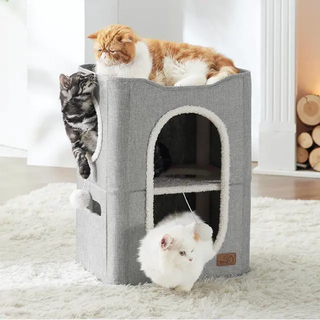 Alt view image 7 of 7 - 2 Story Cat House for Indoor Cats with Scratch Pad,18x14x23 Grey | Cat Bed Condo for Multiple Pets, With Fluffy Ball, Foldable Hideaway Pet Cave Cube for Sleeping Kitten
