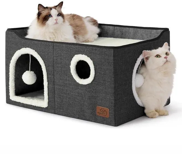 Main image of Extra Wide Cat House Bed with Fluffy Ball and Scratch Pad | Dark Grey 23.6x16.9x13 in,Indoor Cat Cave for Multiple Pets, Foldable Cat Hideway Cube for Sleeping Large Cat and Kitten