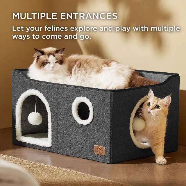 Alt view image 2 of 7 - Extra Wide Cat House Bed with Fluffy Ball and Scratch Pad | Dark Grey 23.6x16.9x13 in,Indoor Cat Cave for Multiple Pets, Foldable Cat Hideway Cube for Sleeping Large Cat and Kitten