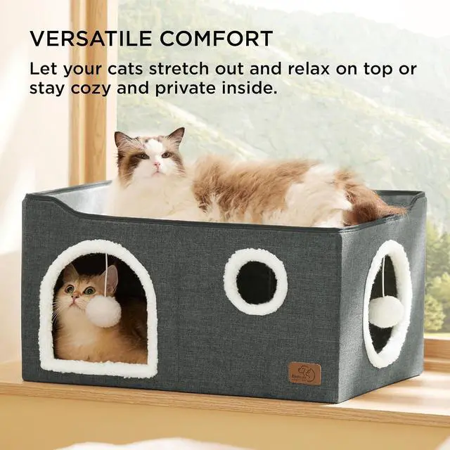 Alt view image 3 of 7 - Extra Wide Cat House Bed with Fluffy Ball and Scratch Pad | Dark Grey 23.6x16.9x13 in,Indoor Cat Cave for Multiple Pets, Foldable Cat Hideway Cube for Sleeping Large Cat and Kitten