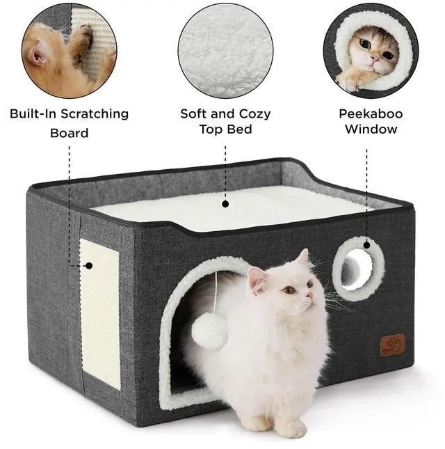 Alt view image 5 of 7 - Extra Wide Cat House Bed with Fluffy Ball and Scratch Pad | Dark Grey 23.6x16.9x13 in,Indoor Cat Cave for Multiple Pets, Foldable Cat Hideway Cube for Sleeping Large Cat and Kitten