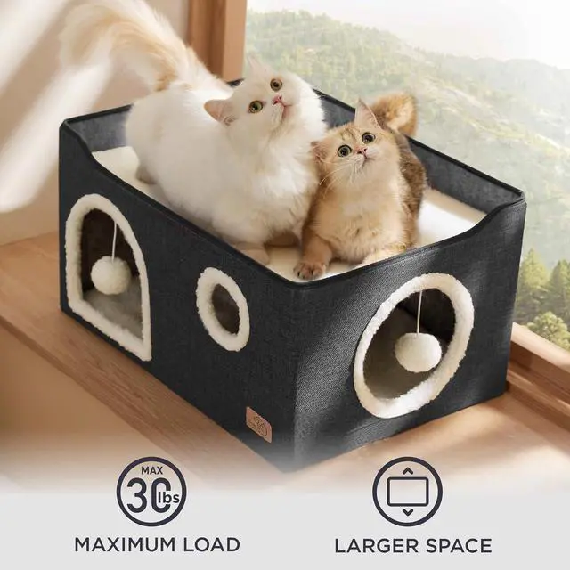 Alt view image 4 of 7 - Extra Wide Cat House Bed with Fluffy Ball and Scratch Pad | Dark Grey 23.6x16.9x13 in,Indoor Cat Cave for Multiple Pets, Foldable Cat Hideway Cube for Sleeping Large Cat and Kitten