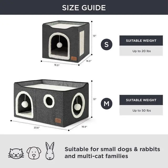 Alt view image 6 of 7 - Extra Wide Cat House Bed with Fluffy Ball and Scratch Pad | Dark Grey 23.6x16.9x13 in,Indoor Cat Cave for Multiple Pets, Foldable Cat Hideway Cube for Sleeping Large Cat and Kitten