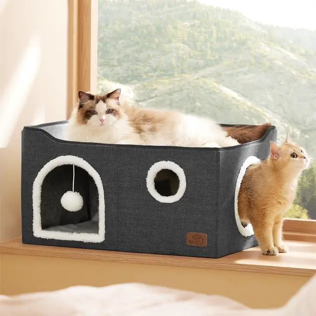 Alt view image 7 of 7 - Extra Wide Cat House Bed with Fluffy Ball and Scratch Pad | Dark Grey 23.6x16.9x13 in,Indoor Cat Cave for Multiple Pets, Foldable Cat Hideway Cube for Sleeping Large Cat and Kitten