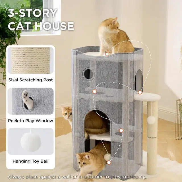Alt view image 2 of 7 - 3-Level Cat Tree for Indoor Cats with Scratching Post,Grey | 22.5x31.5x13in,Cat Bed Condo for Multiple Pets with Fluffy Ball,Hideaway Cave for Kitten to Sleeping Play