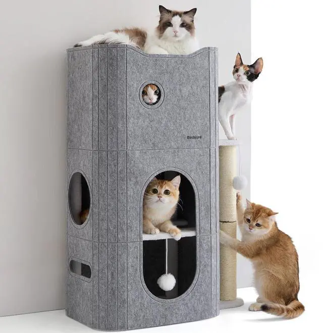 Main image of 3-Level Cat Tree for Indoor Cats with Scratching Post,Grey | 22.5x31.5x13in,Cat Bed Condo for Multiple Pets with Fluffy Ball,Hideaway Cave for Kitten to Sleeping Play