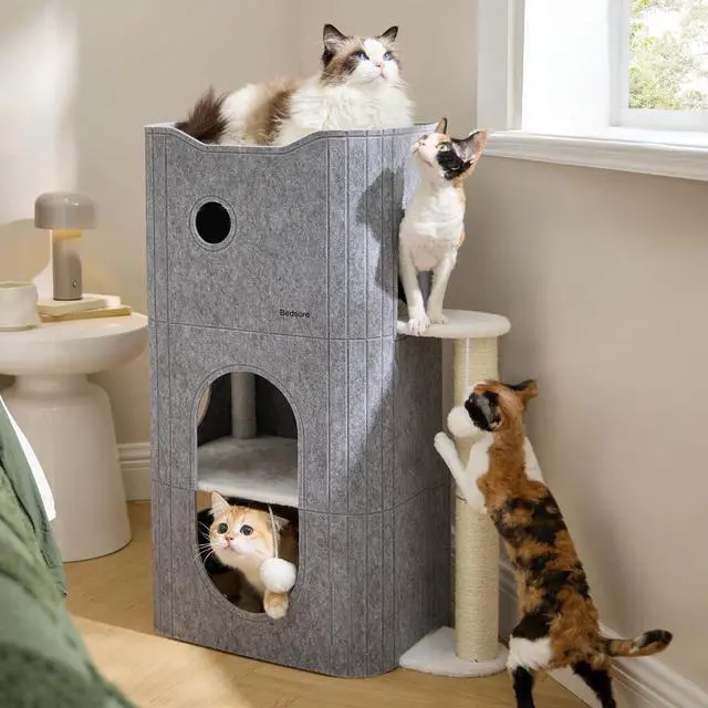 Alt view image 4 of 7 - 3-Level Cat Tree for Indoor Cats with Scratching Post,Grey | 22.5x31.5x13in,Cat Bed Condo for Multiple Pets with Fluffy Ball,Hideaway Cave for Kitten to Sleeping Play