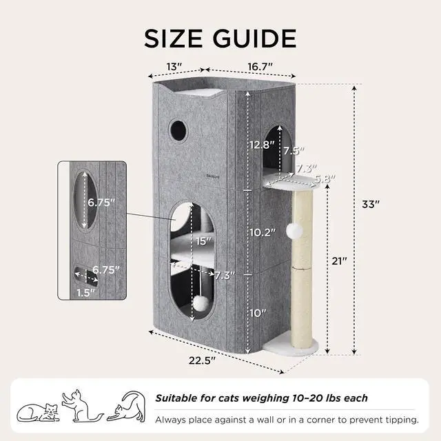 Alt view image 5 of 7 - 3-Level Cat Tree for Indoor Cats with Scratching Post,Grey | 22.5x31.5x13in,Cat Bed Condo for Multiple Pets with Fluffy Ball,Hideaway Cave for Kitten to Sleeping Play