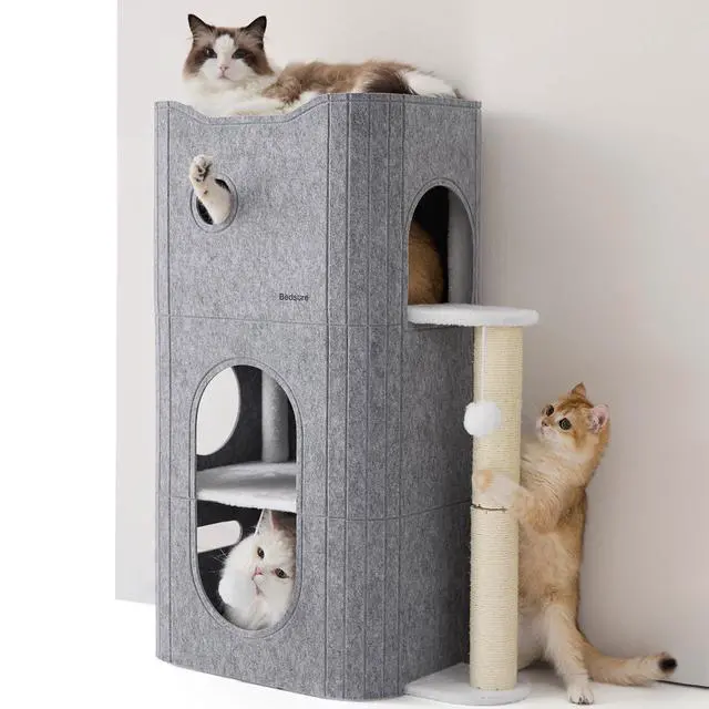 Alt view image 7 of 7 - 3-Level Cat Tree for Indoor Cats with Scratching Post,Grey | 22.5x31.5x13in,Cat Bed Condo for Multiple Pets with Fluffy Ball,Hideaway Cave for Kitten to Sleeping Play