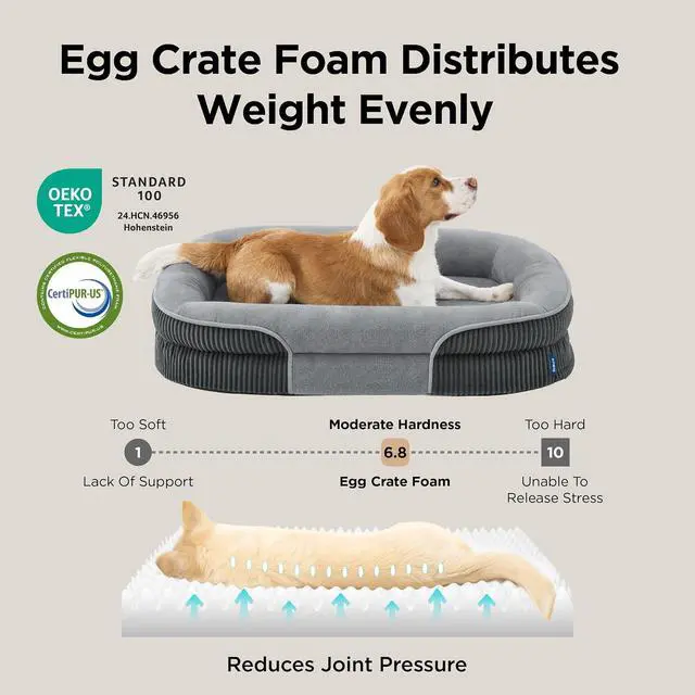 Alt view image 4 of 7 - XL 360°Oval Bolster Orthopedic Dog Beds Large Sized Dog,42" Grey | Egg-Crate Foam for Senior Dogs, Big Comfort Pet Sofa Couch with Ultra-Soft Fleece Waterproof Washable Cover