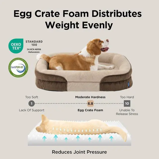 Alt view image 4 of 7 - 360°Oval Bolster Orthopedic Dog Bed Medium Size Dog,30" Brown | Egg-Crate Foam for Senior Dogs, Big Comfort Pet Sofa Couch with Ultra-Soft Fleece Waterproof Washable Cover