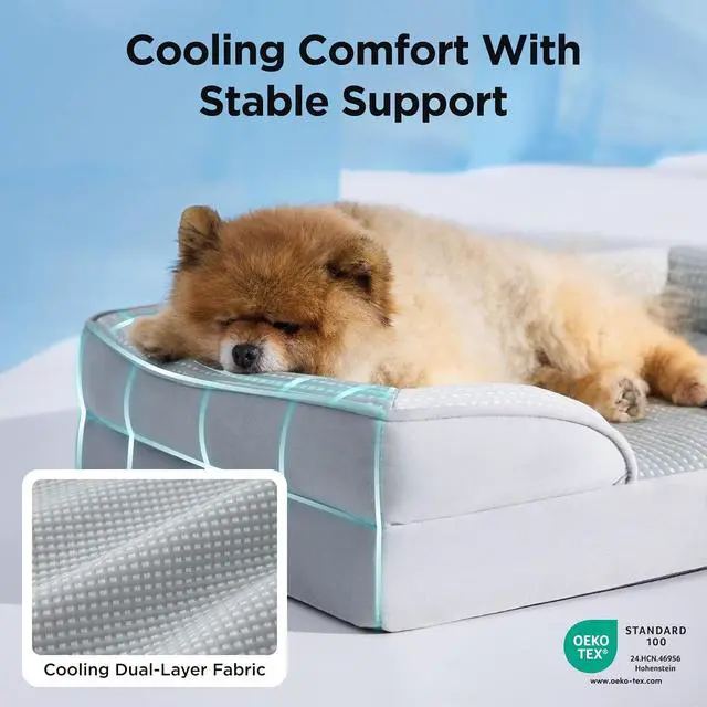 Alt view image 3 of 7 - Cooling Dog Beds for Small Dogs with Removable Washable Cover | 24" Orthopedic Puppy Couch Sofa Waterproof, Comfy Bolster Sides, Cool Pet bed for Cats,Senior Dogs, Cooling Grey
