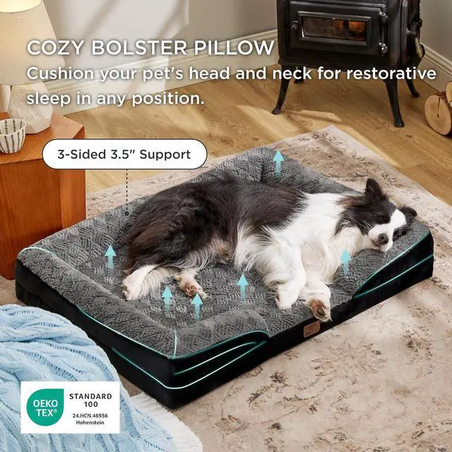 Alt view image 6 of 7 - Orthopedic Dog Beds Large Sized Dog with Removable Washable Cover | 35" Classic Big Dog Couch Sofa Waterproof, Bolster Sides, Nonslip Bottom, Comfy Pet Bed for Cats, Senior Dogs, Plush-Black