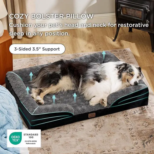 Alt view image 6 of 7 - Orthopedic XL Dog Bed Extra Large with Removable Washable Cover | 42" Classic Xlarge Dog Couch Sofa Waterproof, Comfy Bolster Sides, Nonslip Bottom, Pet Bed for Cats,Senior Dogs, Plush-Black