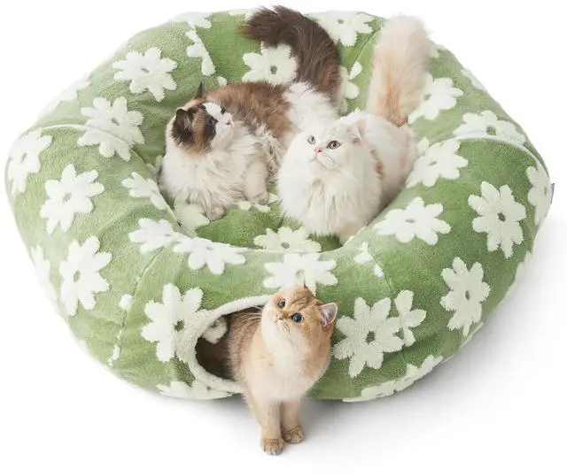 Main image of Lesure Donut Cute Jacquard Large Cat Tunnel Bed Kitten Toys for Dog Bunny | 39.5x39.5x10in,Round Large Cat Bed Tube for Multi Kittens,Pet Peekaboo Cave Toy,Spiral Hideaway,Washable Cushion,Green