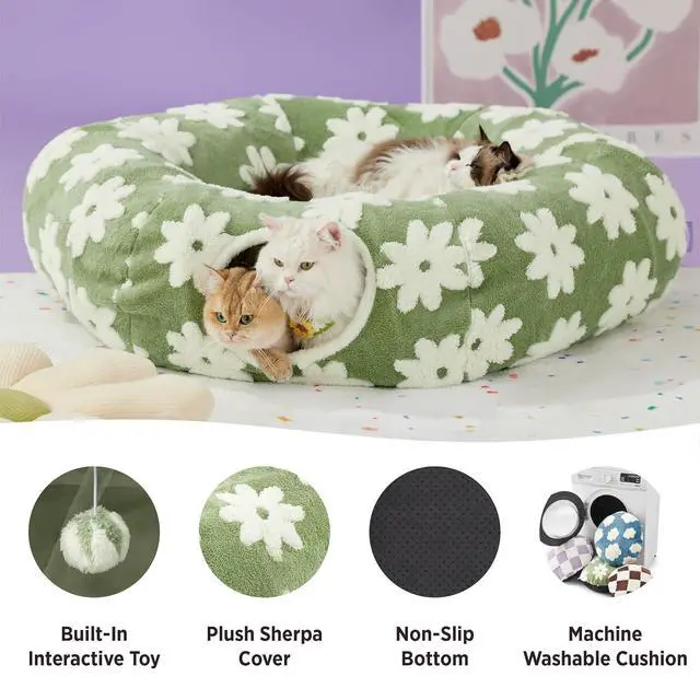 Alt view image 3 of 6 - Lesure Donut Cute Jacquard Large Cat Tunnel Bed Kitten Toys for Dog Bunny | 39.5x39.5x10in,Round Large Cat Bed Tube for Multi Kittens,Pet Peekaboo Cave Toy,Spiral Hideaway,Washable Cushion,Green