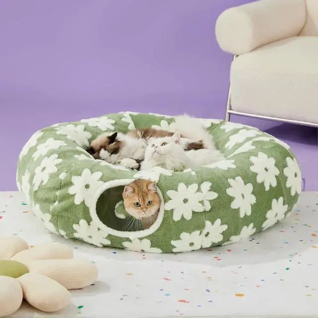 Alt view image 6 of 6 - Lesure Donut Cute Jacquard Large Cat Tunnel Bed Kitten Toys for Dog Bunny | 39.5x39.5x10in,Round Large Cat Bed Tube for Multi Kittens,Pet Peekaboo Cave Toy,Spiral Hideaway,Washable Cushion,Green
