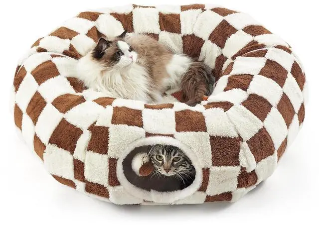 Main image of Lesure Donut Cute Jacquard Cat Tunnel Bed Kitten Toys for Puppy Bunny | 33.5x33.5x10in,Round Cat Bed Tube for Indoor Cats Rabbit Dog,Pet Peekaboo Cave Toy,Spiral Hideaway,Washable Cushion,Brown