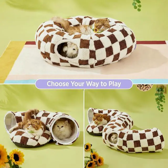 Alt view image 2 of 7 - Lesure Donut Cute Jacquard Cat Tunnel Bed Kitten Toys for Puppy Bunny | 33.5x33.5x10in,Round Cat Bed Tube for Indoor Cats Rabbit Dog,Pet Peekaboo Cave Toy,Spiral Hideaway,Washable Cushion,Brown