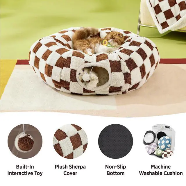 Alt view image 3 of 7 - Lesure Donut Cute Jacquard Cat Tunnel Bed Kitten Toys for Puppy Bunny | 33.5x33.5x10in,Round Cat Bed Tube for Indoor Cats Rabbit Dog,Pet Peekaboo Cave Toy,Spiral Hideaway,Washable Cushion,Brown