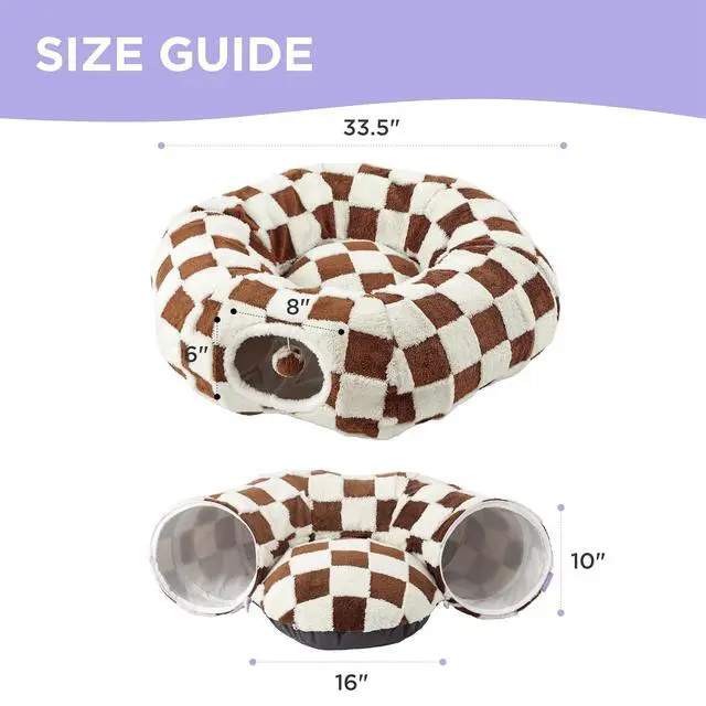 Alt view image 5 of 7 - Lesure Donut Cute Jacquard Cat Tunnel Bed Kitten Toys for Puppy Bunny | 33.5x33.5x10in,Round Cat Bed Tube for Indoor Cats Rabbit Dog,Pet Peekaboo Cave Toy,Spiral Hideaway,Washable Cushion,Brown