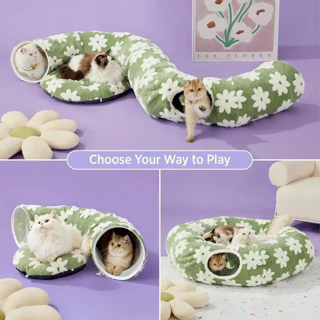 Alt view image 2 of 6 - Lesure Donut Cute Jacquard Large Cat Tunnel Bed Kitten Toys for Dog Bunny | 39.5x39.5x10in,Round Large Cat Bed Tube for Multi Kittens,Pet Peekaboo Cave Toy,Spiral Hideaway,Washable Cushion,Green