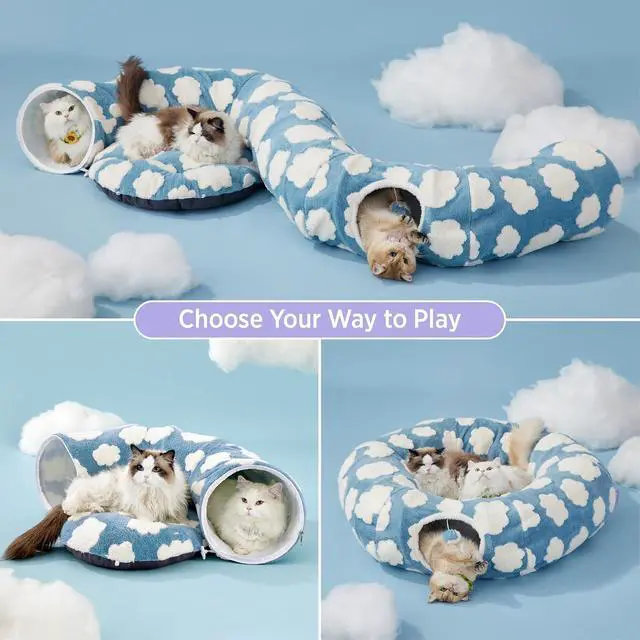 Alt view image 2 of 6 - Lesure Donut Cute Jacquard Large Cat Tunnel Bed Kitten Toys for Dog Bunny | 39.5x39.5x10in,Round Large Cat Bed Tube for Multi Kittens,Pet Peekaboo Cave Toy,Spiral Hideaway,Washable Cushion,Blue